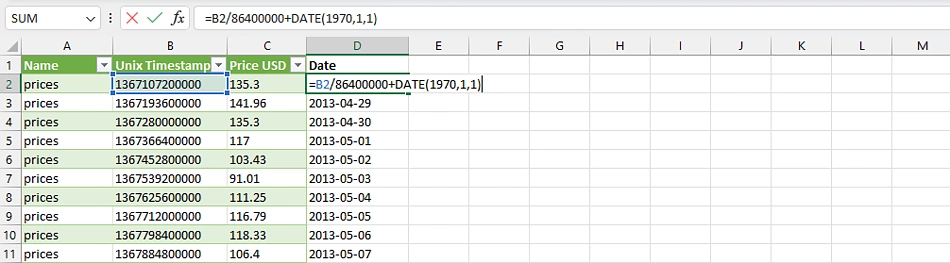 convert epoch unix timestamp to human readable date using excel formula