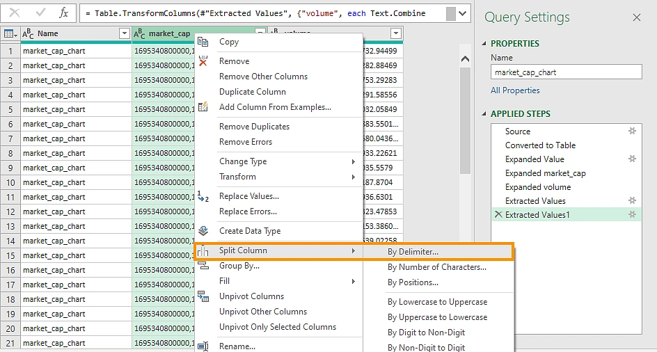 Split columns by delimiter in excel power query editor