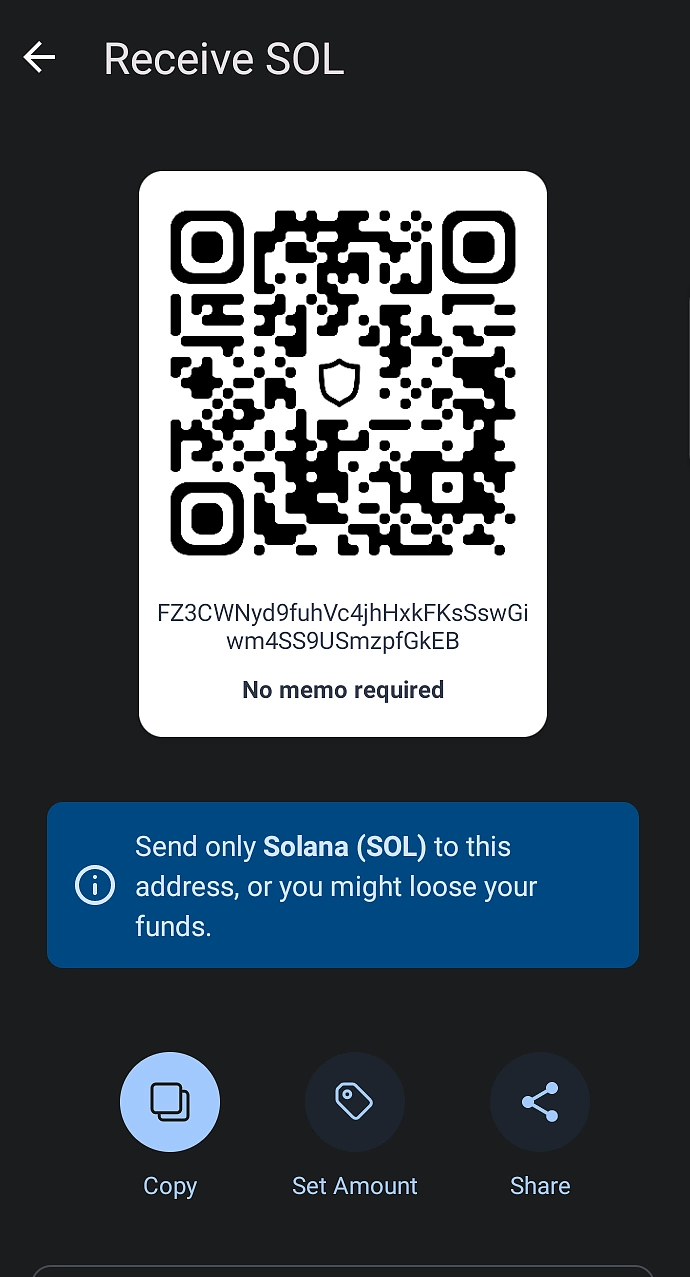Use QR code or copy address for receiving crypto on Trust Wallet