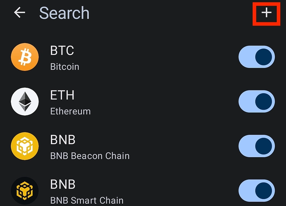 select + icon to add token manually on Trust Wallet