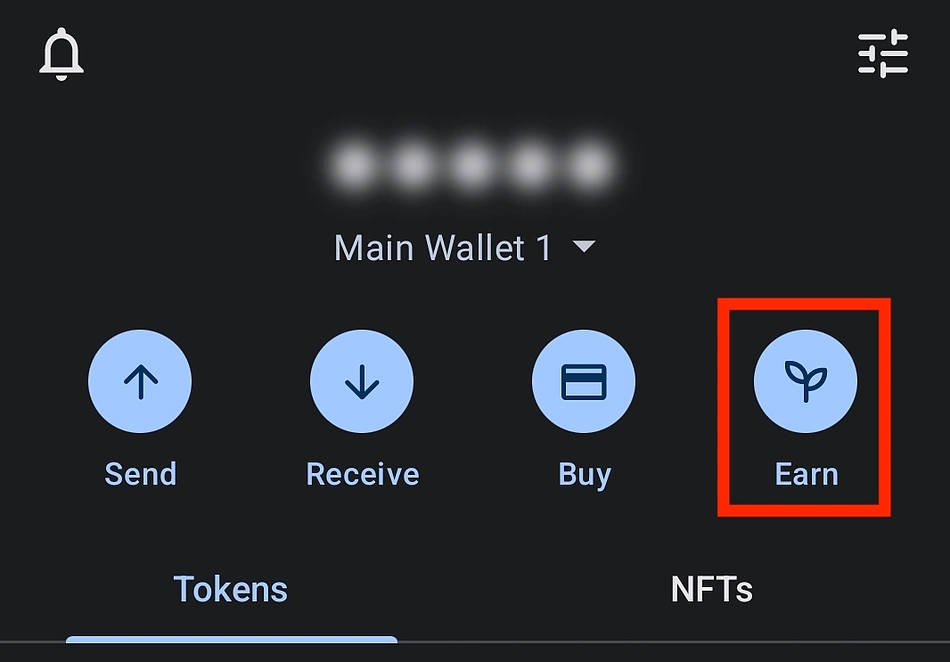 Select Earn on Trust Wallet Dashboard