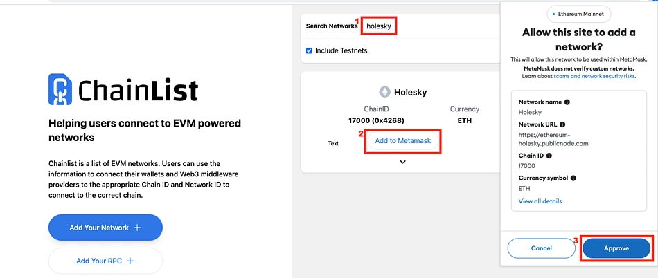 Add Holesky to MetaMask with Chainlist