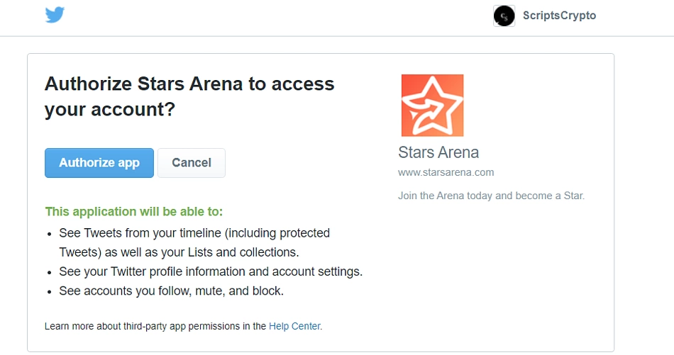 Authorize Stars Arena to connect to your Twitter account
