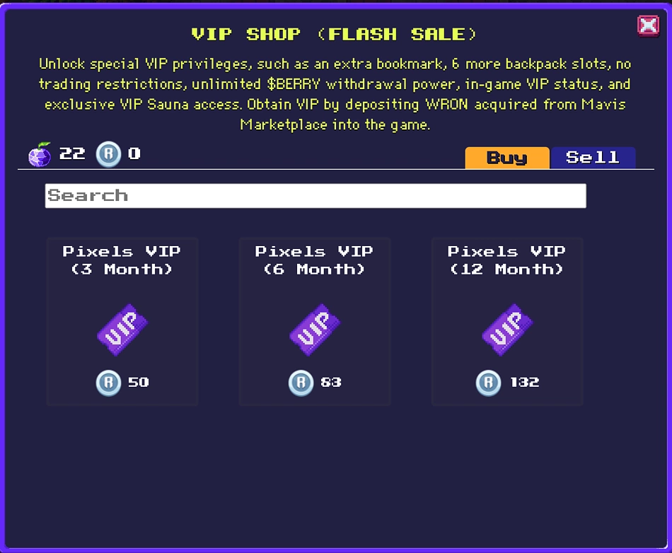 VIP shop Pixels game