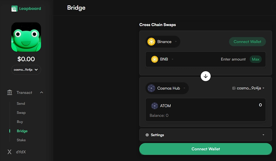 Connect source chain wallets to bridge on Leap wallet