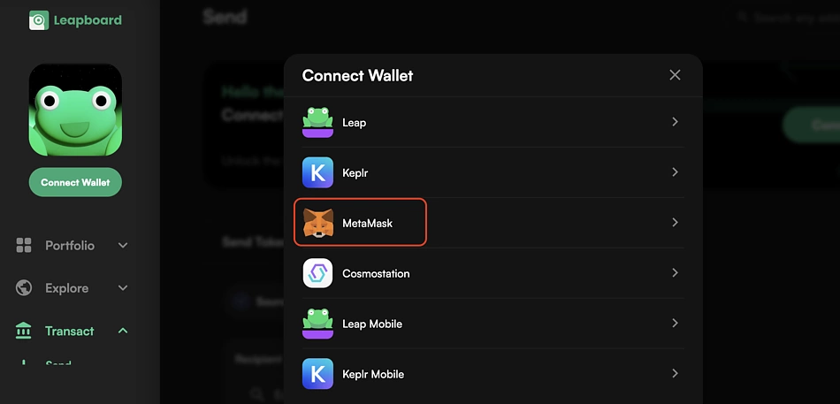 Select MetaMask wallet to connect to Leap