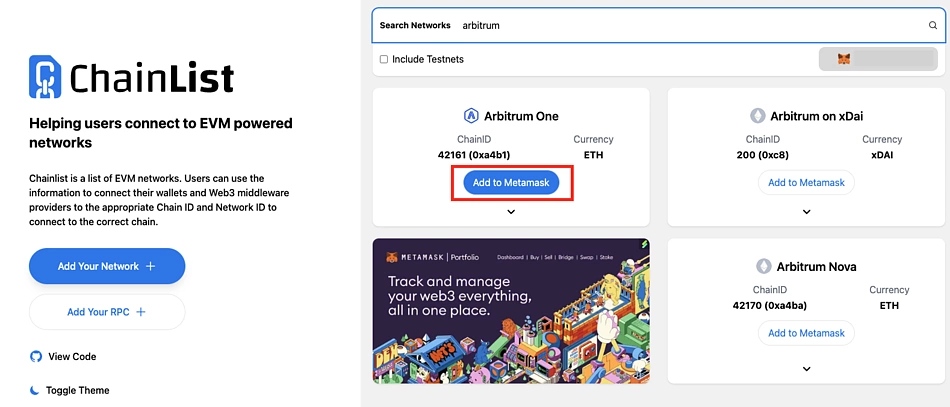 Add Arbitrum to MetaMask with ChainList