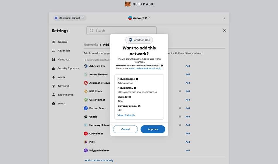 Approve request to add Arbitrum One to MetaMask