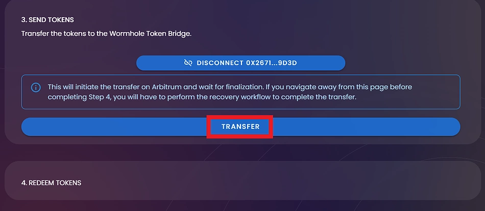 Click transfer on Portal to confirm sending tokens from Arbitrum
