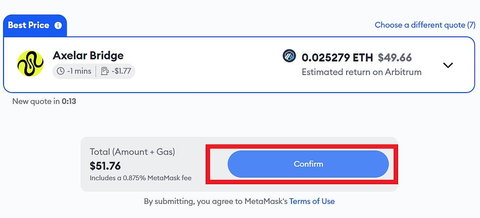 Confirm and approve transaction to bridge via MetaMask