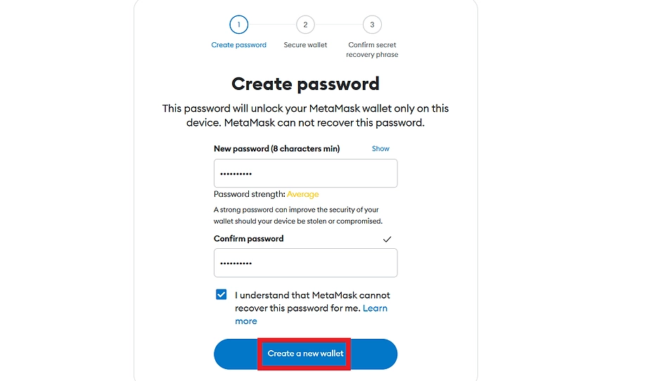 Set password for new MetaMask wallet