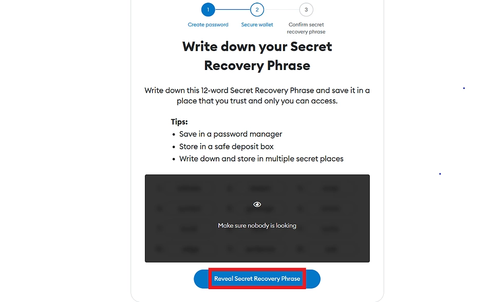 Reveal Secret Recovery Phrase on MetaMask