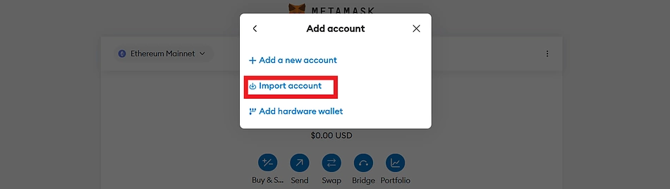Import account into MetaMask