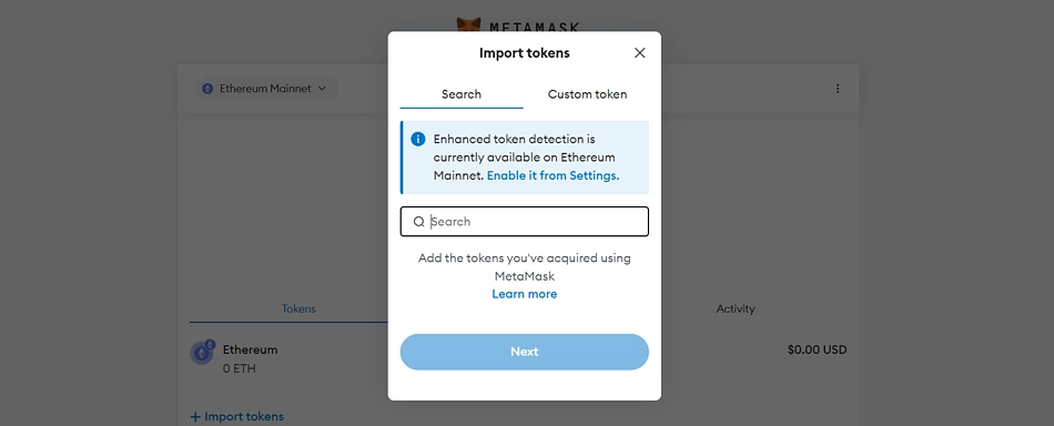 Click Custom Token to add tokens with token address on MetaMask