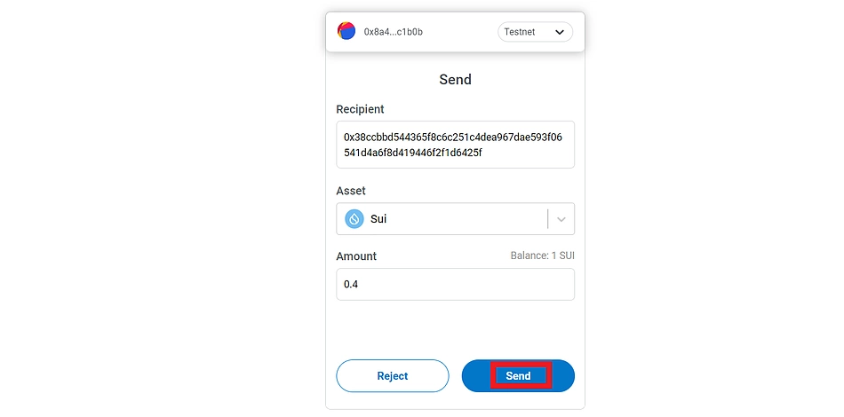 Fill in details to send tokens with Sui Wallet Snap