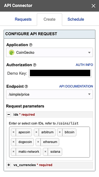 Configure API request for crypto API
