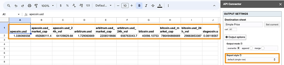 API connector on google sheets to import live crypto prices and market data