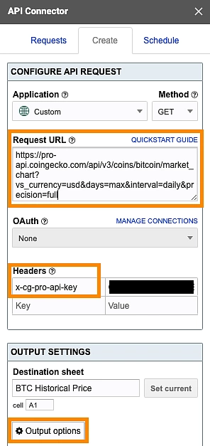 Get historical BTC price in Gsheets using an API Connector