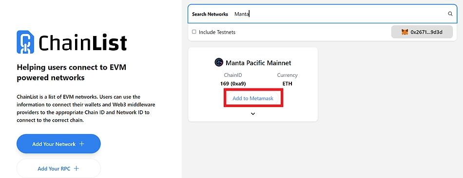 Add Manta to MetaMask with ChainList