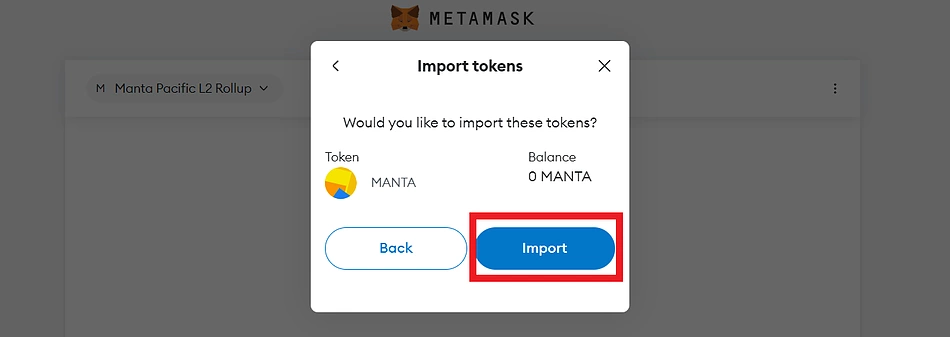 Complete importing MANTA to MetaMask