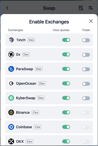Enable exchanges on Rabby