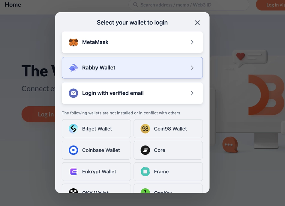 Select Rabby Wallet to connect to DeBank