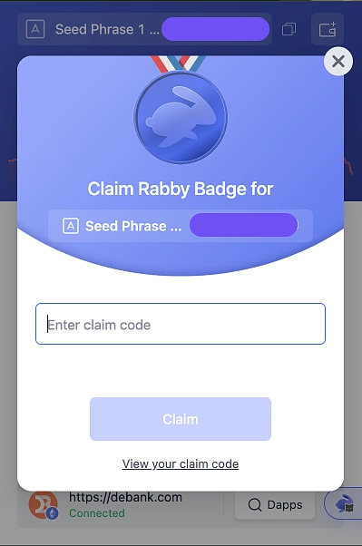 Enter claim code and claim Rabby badge