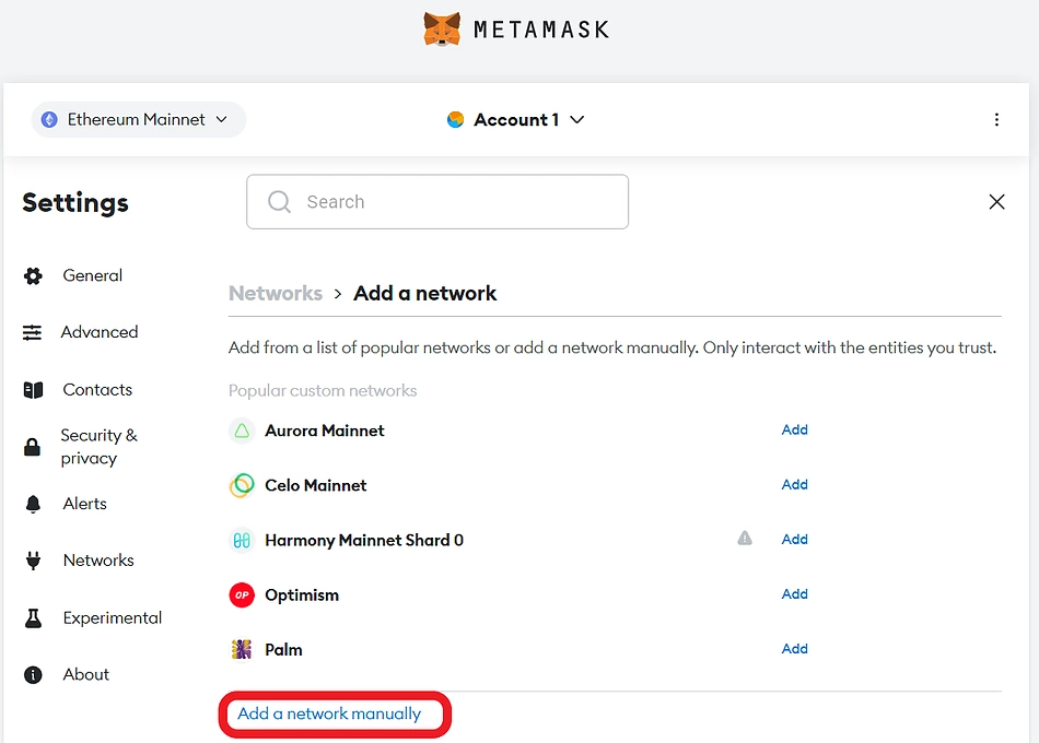 Add network manually to Metamask