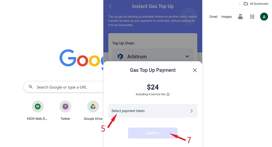 Select payment token for gas top up on Rabby