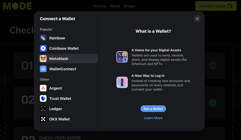 Select wallet to connect to Mode