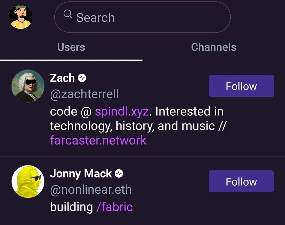 Search and follow users on Warpcast