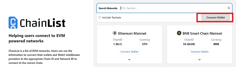 Connect wallet to ChainList to add Merlin to MetaMask