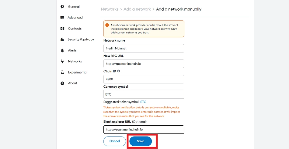 Add Merlin network to MetaMask with RPC details