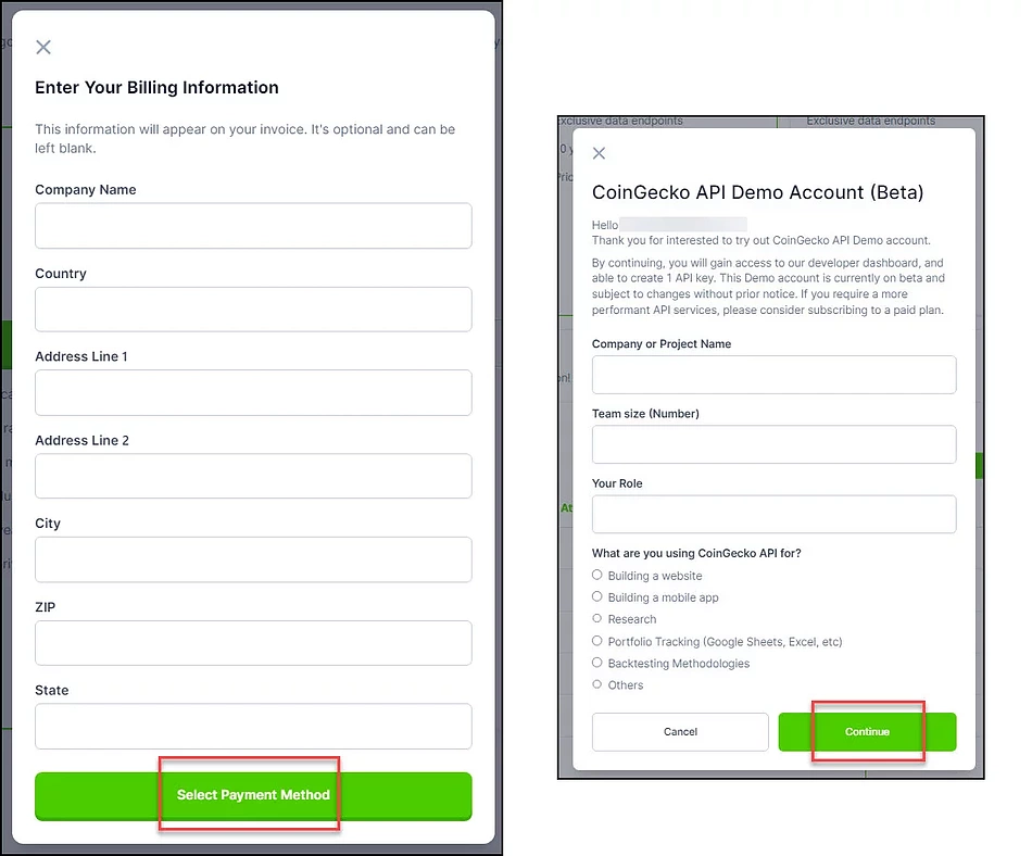CoinGecko forms to enter billing information or create a demo account