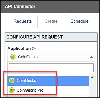 Select CoinGecko application from API Connector integrations