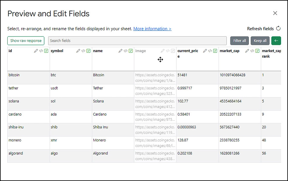 Filter and edit fields in API Connector's field editor