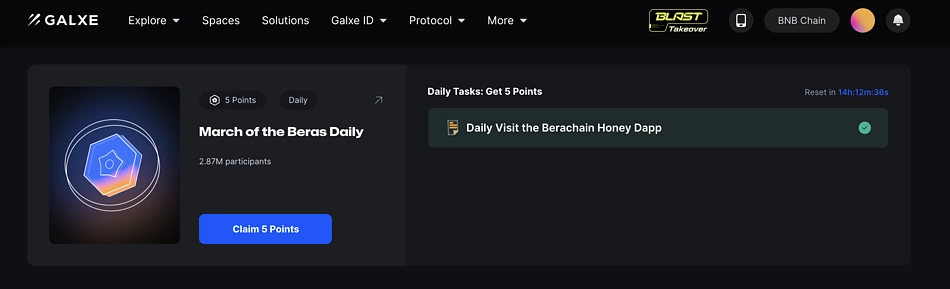 Collect 5 points daily by visiting Berachain's Honey Dapp
