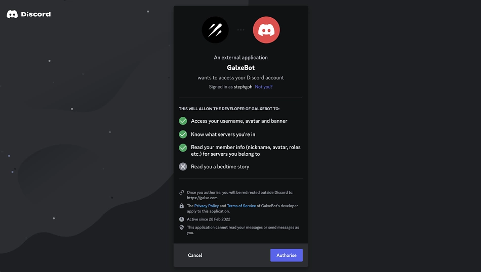 Authorize GalxeBot before connecting to Berachain Discord