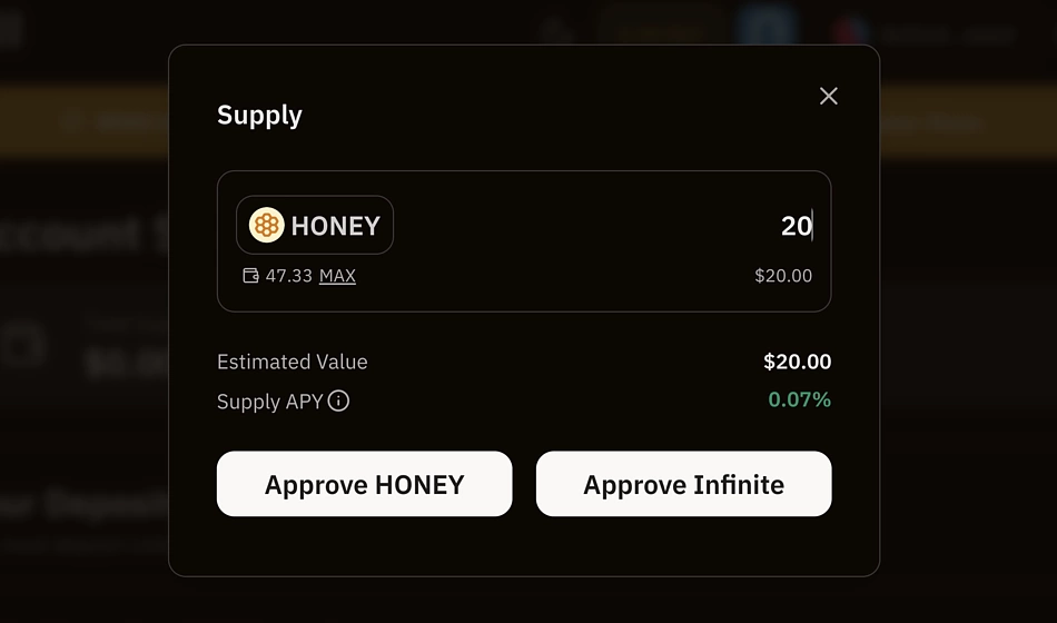 Supply HONEY and approve infinite