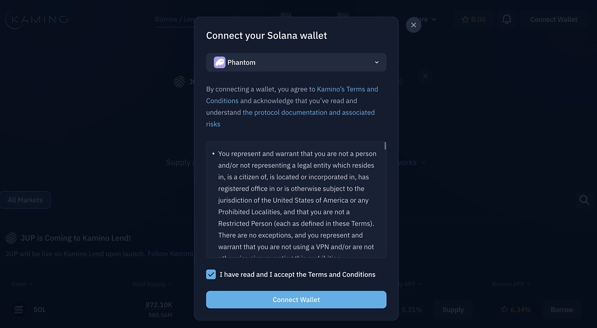 Kamino Finance Connect Wallet