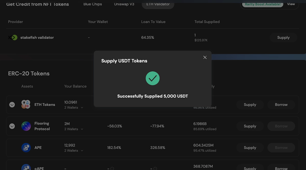 Successfully supplied USDT tokens Parallel Testnet