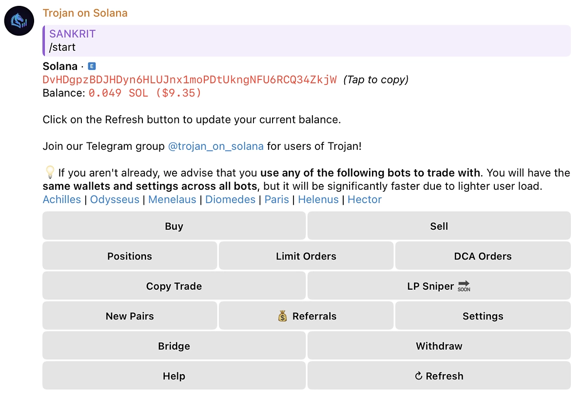 How to use Trojan on Solana TG bot